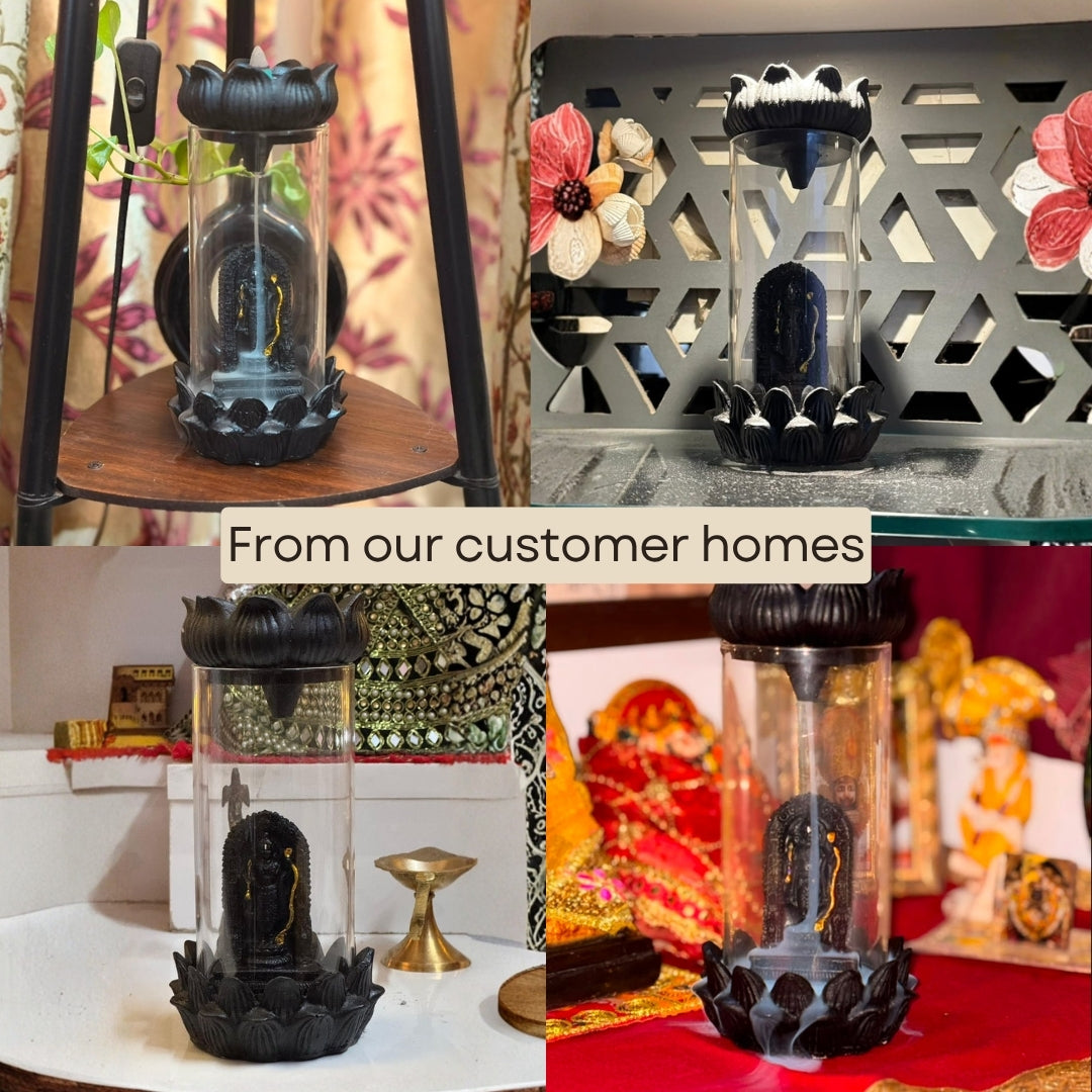 Divine Shree Ram Backflow Incense Burner with Glass Enclosure & Lotus Base