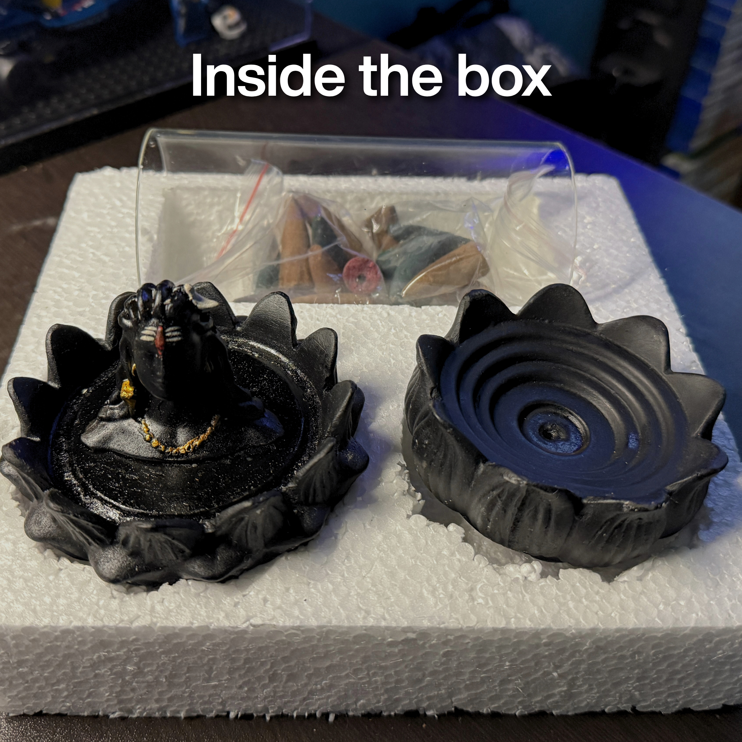 Divine Adiyogi Lord Shiva Backflow Incense Burner with Glass Enclosure & Lotus Base + FREE 40 Backflow Cones