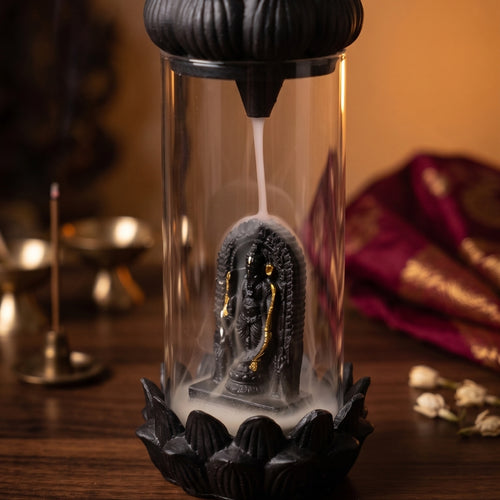 Divine Shree Ram Backflow Incense Burner with Glass Enclosure & Lotus Base
