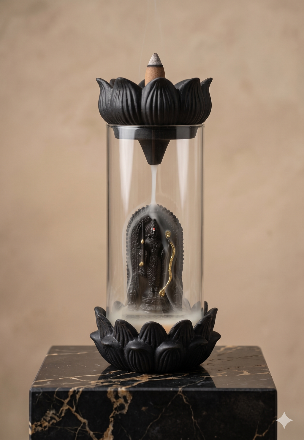 Divine Shree Ram Backflow Incense Burner with Glass Enclosure & Lotus Base