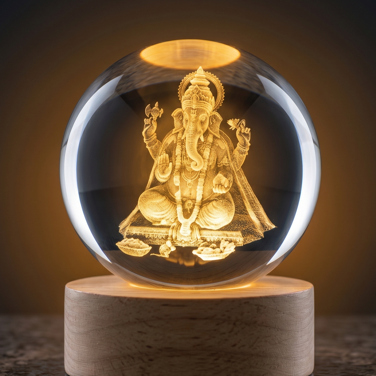 A clear glass decorative sphere containing a detailed gold-colored seated deity figure, displayed on a round light wood base against a dark softly lit background.
