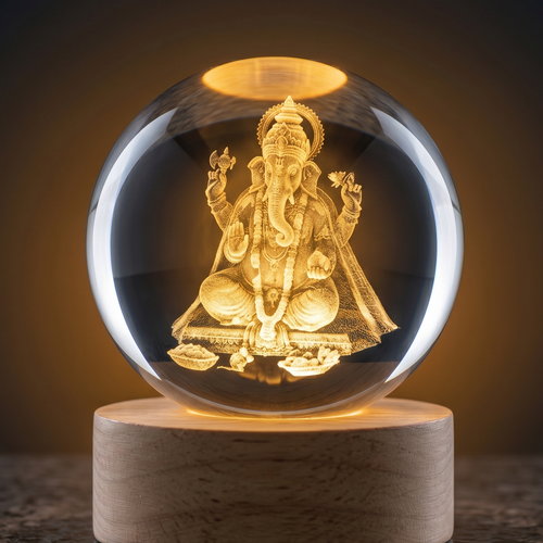 A clear glass decorative sphere containing a detailed gold-colored seated deity figure, displayed on a round light wood base against a dark softly lit background.