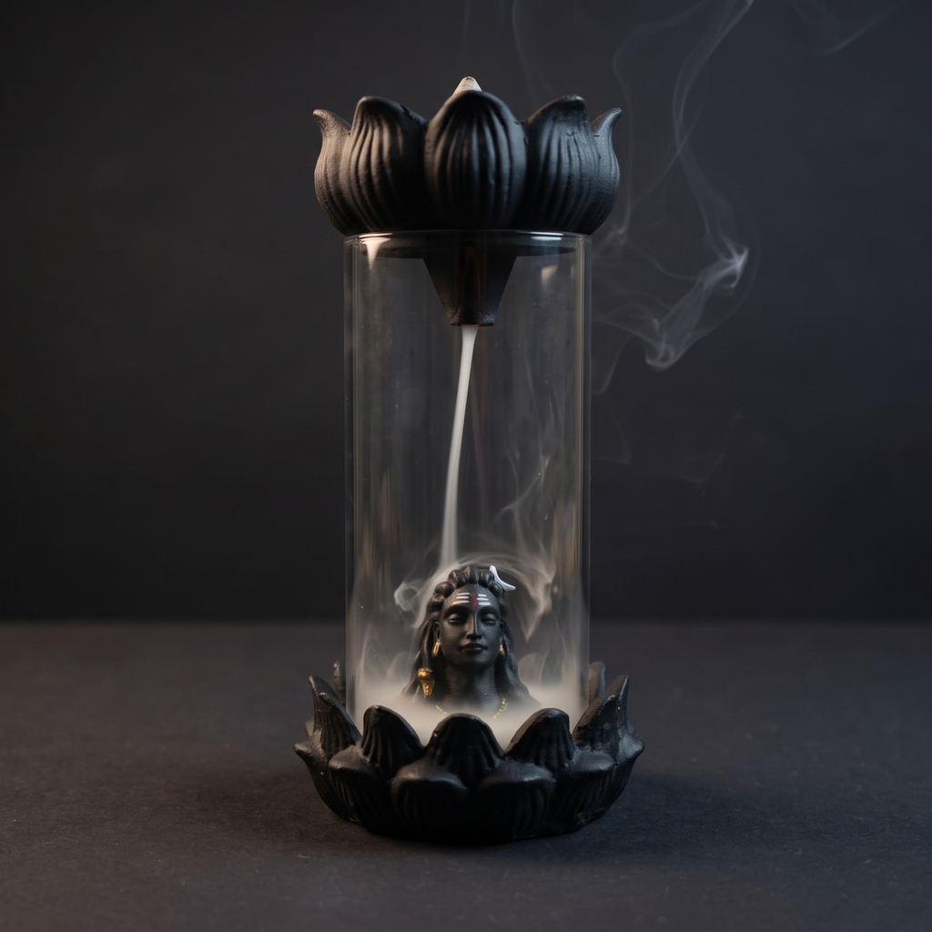 Divine Adiyogi Lord Shiva Backflow Incense Burner with Glass Enclosure & Lotus Base + FREE 40 Backflow Cones