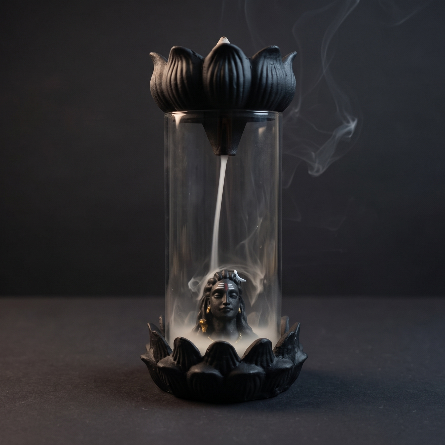 Divine Adiyogi Lord Shiva Backflow Incense Burner with Glass Enclosure & Lotus Base + FREE 40 Backflow Cones