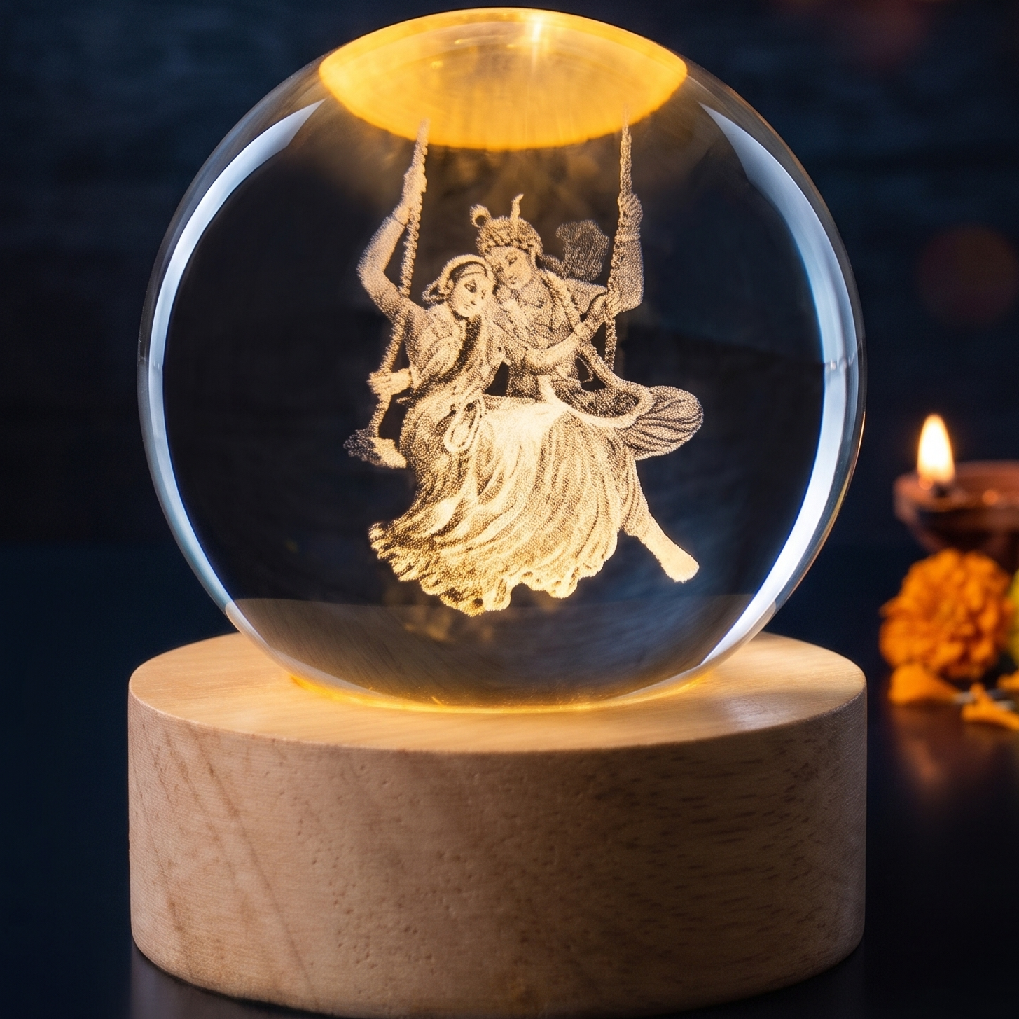 A clear glass decorative sphere resting on a round light wood base, illuminated from within with a warm golden glow. Inside the glass is a detailed metallic figure of a seated deity, and a small lit oil lamp with marigolds sits softly blurred in the background against a dark bokeh backdrop.