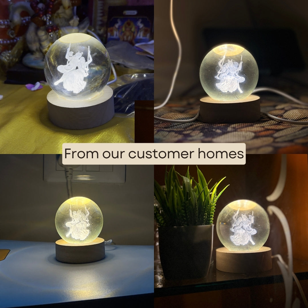 A collage showing a glowing decorative globe lamp with a white deity figure inside, mounted on a round wooden base. Four panels show the lamp in different real-world settings: on a table, on a bed, on a desk near a wall, and next to a potted plant.