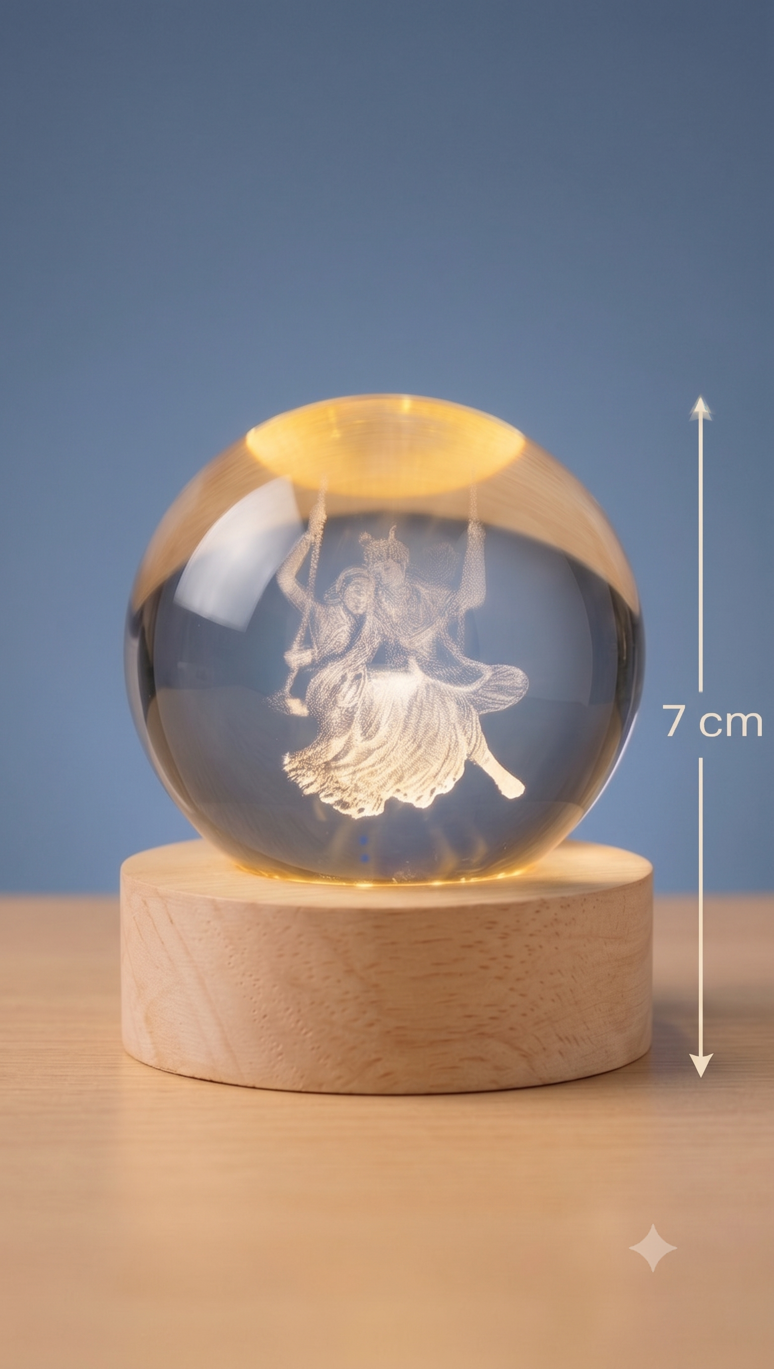 A clear glass decorative sphere resting on a round light wood base, with a glowing warm interior and an etched figure inside. A vertical measurement marker on the right reads 7 cm.