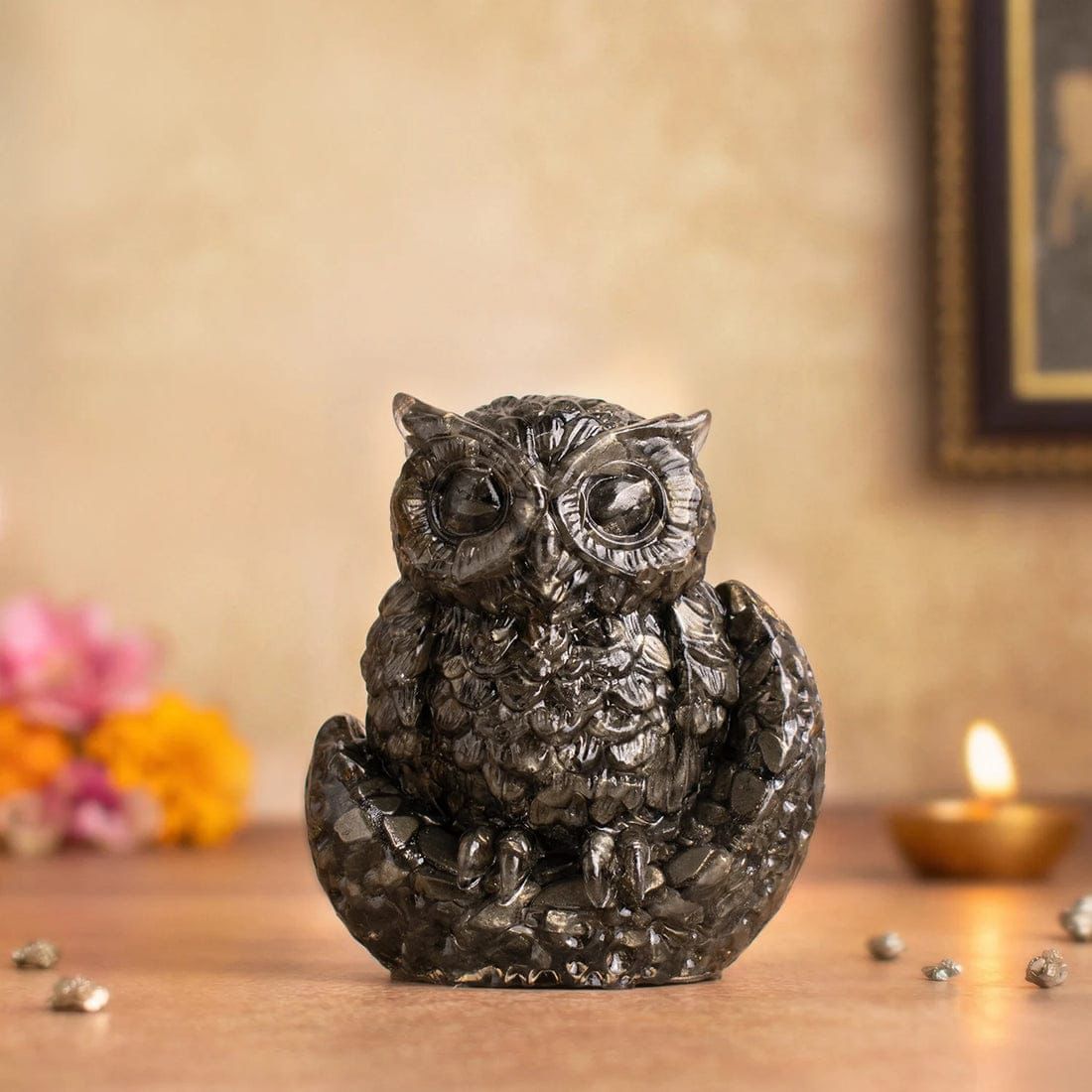 Raw Pyrite Owl Figurine for Protection, Wealth & Home Décor