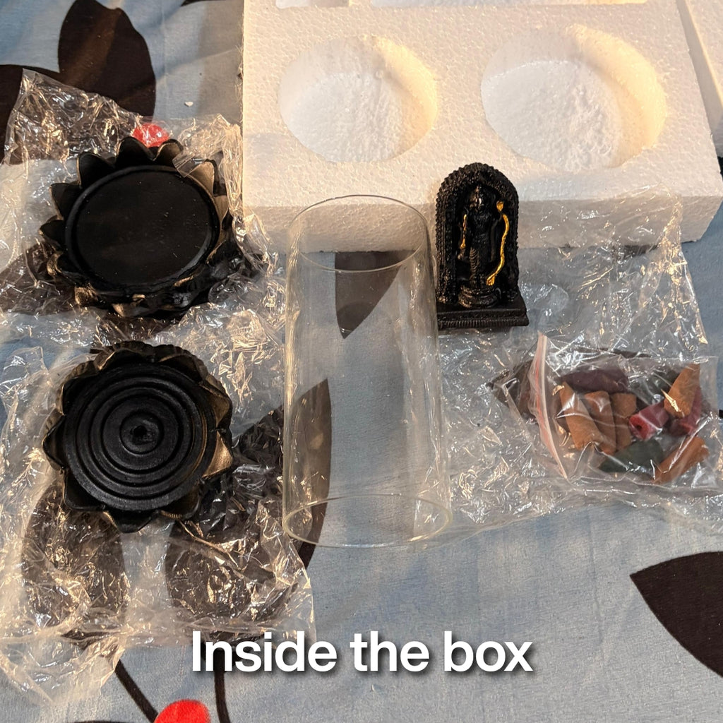 Divine Shree Ram Backflow Incense Burner with Glass Enclosure & Lotus Base